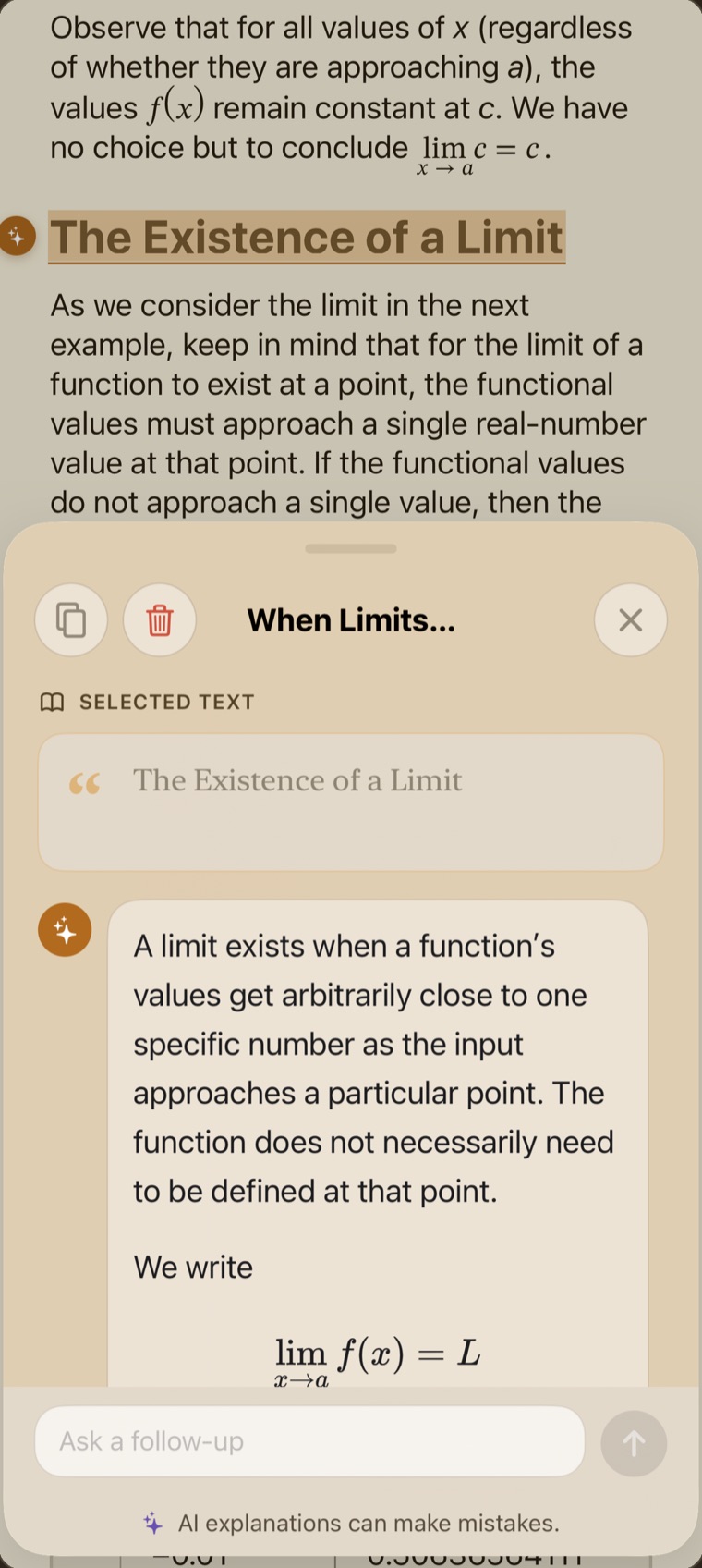 A calculus passage in Readholic with its explanation open beneath it.
