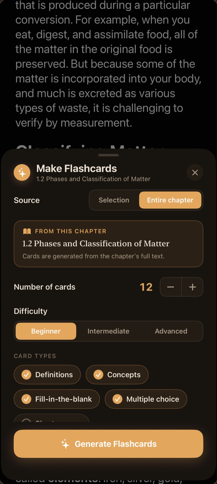 Making flashcards from an entire chapter in Readholic.