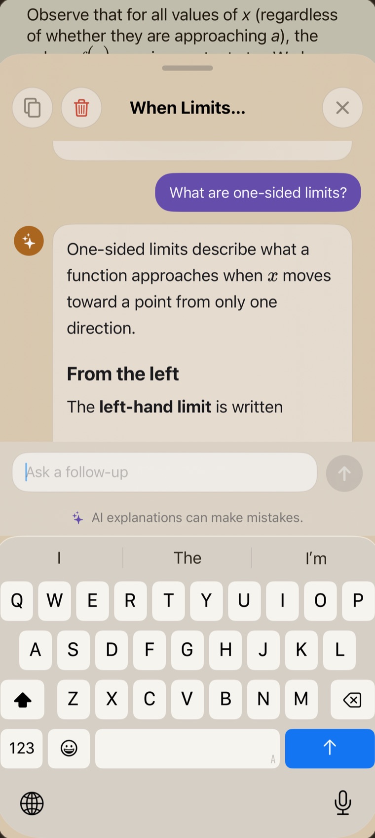A follow-up question about one-sided limits answered in the same panel.