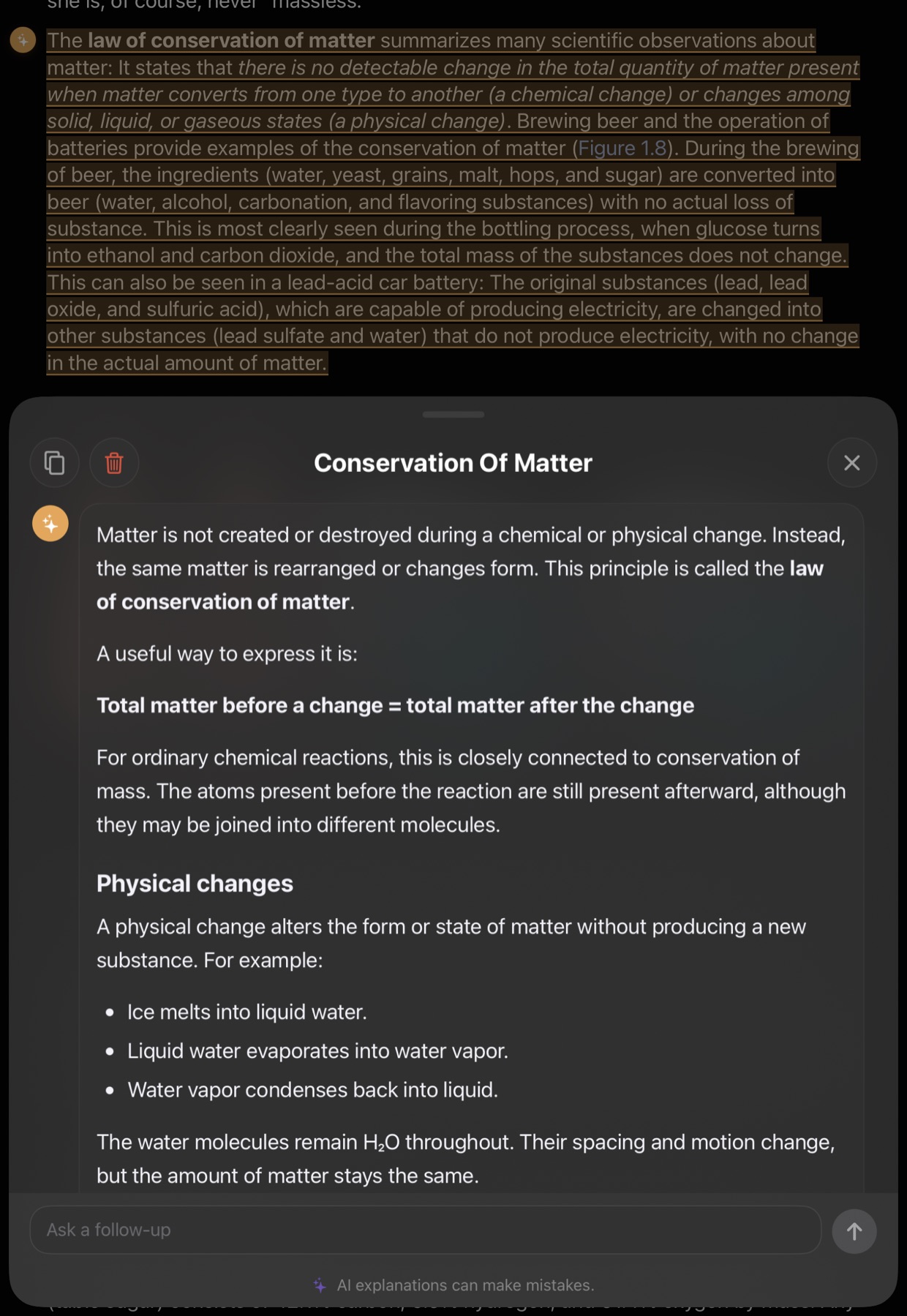A chemistry textbook on iPad, the highlighted passage above an explanation of the law of conservation of matter.