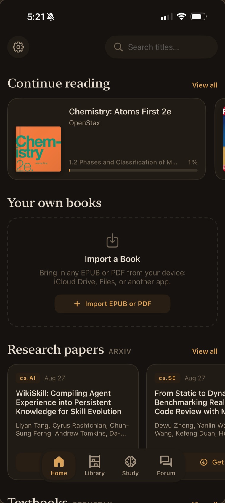 The Readholic home shelf showing continue reading, your own books, and research papers from arXiv.