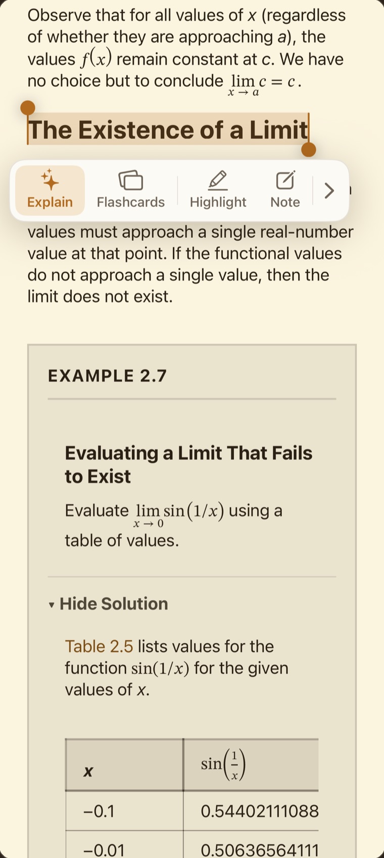 A calculus heading selected on iPhone, with Explain first in the selection menu.